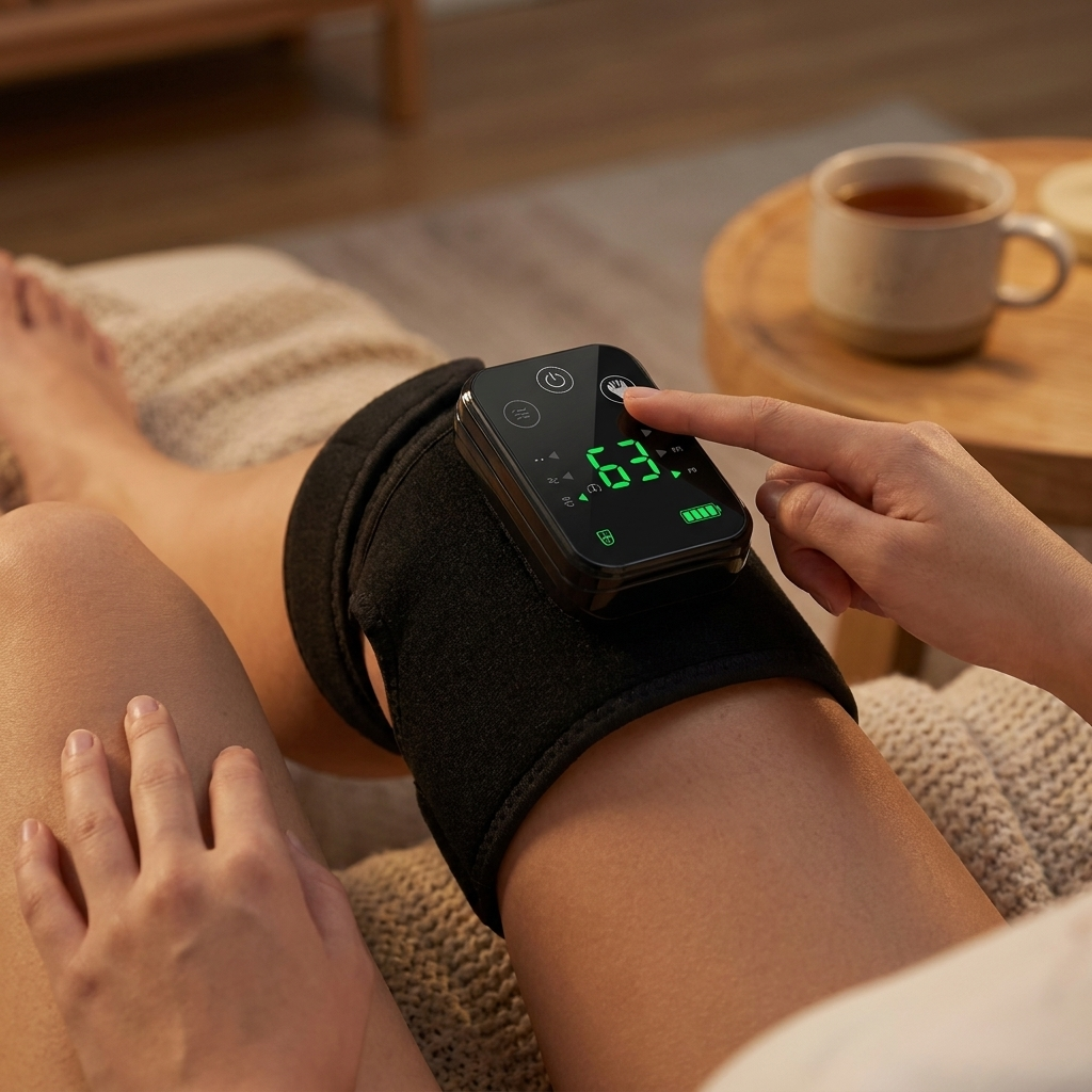 View from the sofa: wrap on the knee, display showing 63, one tap to start