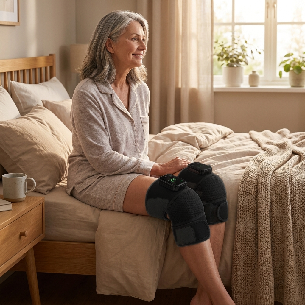 Woman relaxing in bed with two black RecoverWave wraps on her knees