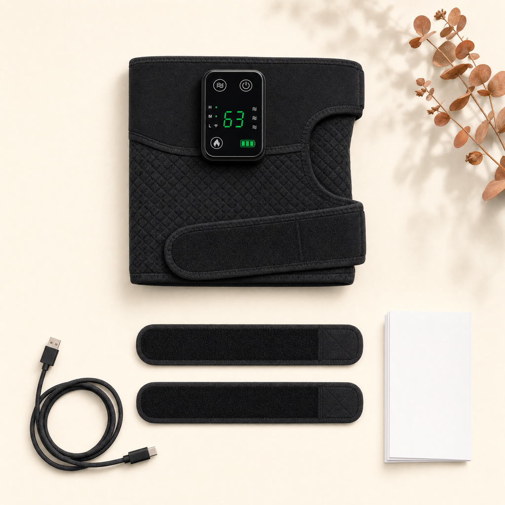 Everything in the box: RecoverWave Knee Wrap Pro, two extension straps, USB-C charging cable and quick-start guide