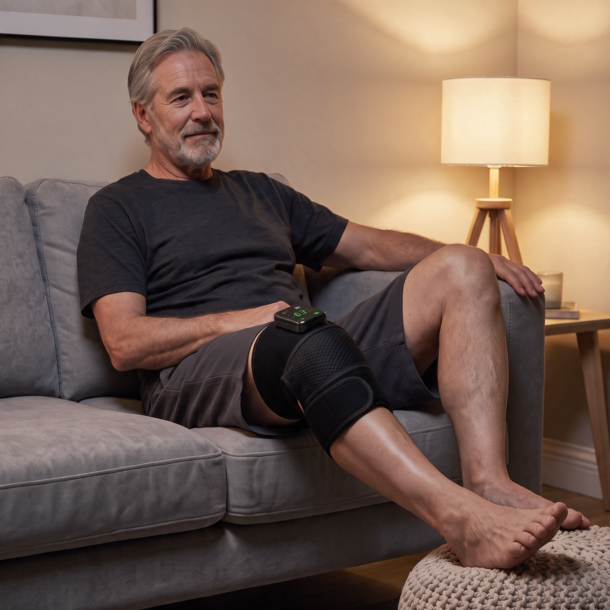 RecoverWave Knee Wrap Pro worn on the knee at home — control panel on top of the knee showing 63